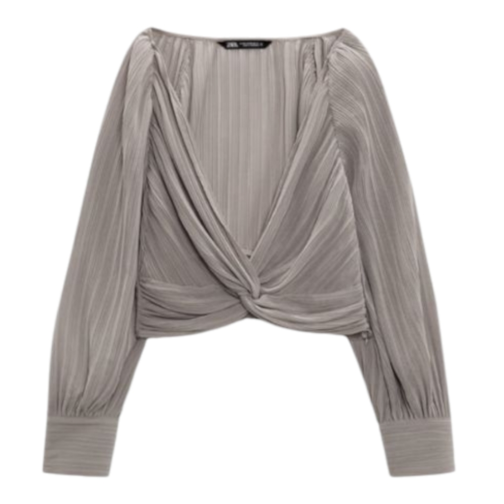 ZARA Taupe Silky New w/Tags Crop Knotted Pleated Blouse Top S - Picture 4 of 6
